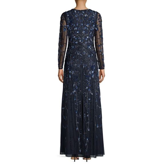 New! AIDAN MATTOX Women's Sequined Beaded Dress Gown Color Blue Long Sleeve - Picture 7 of 8